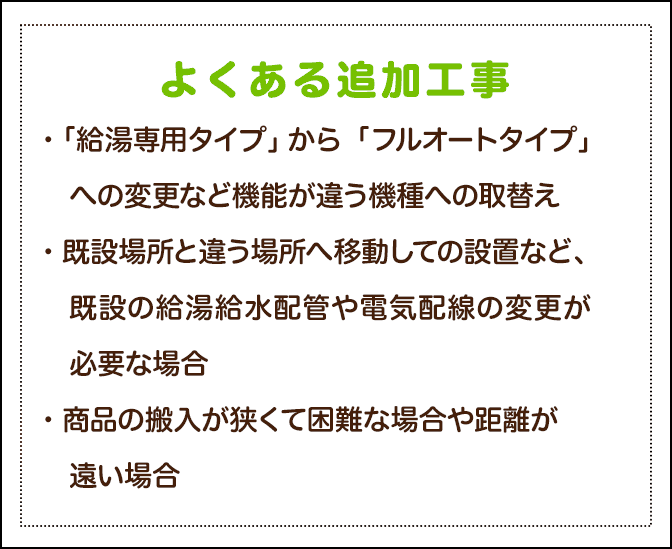 よくある追加工事 ・「給湯専用タイプ」から「フルオートタイプ」への変更など機能が違う機種への取替え・既設場所と違う場所へ移動しての設置など、既設の給湯給水配管や電気配線の変更が必要な場合・商品の搬入が狭くて困難な場合や距離が遠い場合